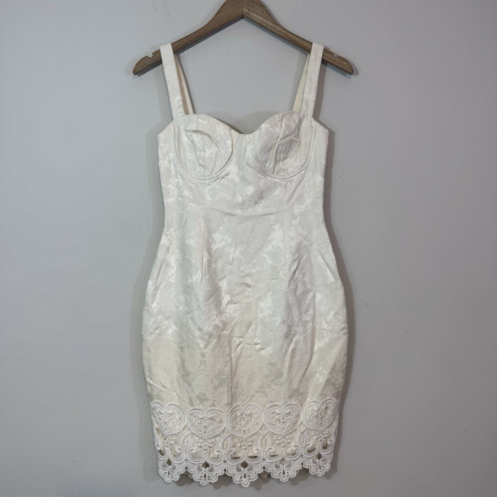 Vintage JESSICA MCCLINTOCK Size 6 Ivory Brocade Corset Bustier Dress Lace Trim